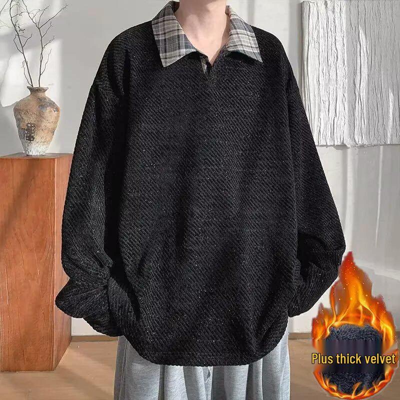 Men s Retro American Style Heavyweight Hoodie with Shirt Collar - Hong Kong Fashion, Loose Fit, Double Layer Design XL