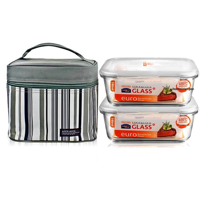 LocknLock 740ml Heat-Resistant Glass Food Container 2-Piece Set with Lunch Bag