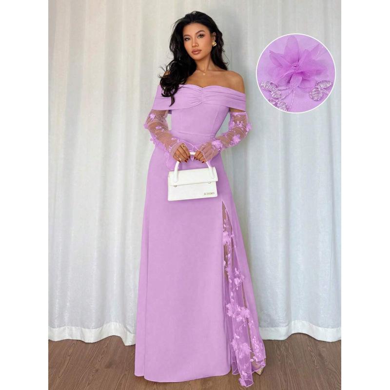 European and American one-word shoulder spell long-sleeved dress women's 2026 summer new fashion temperament skirt