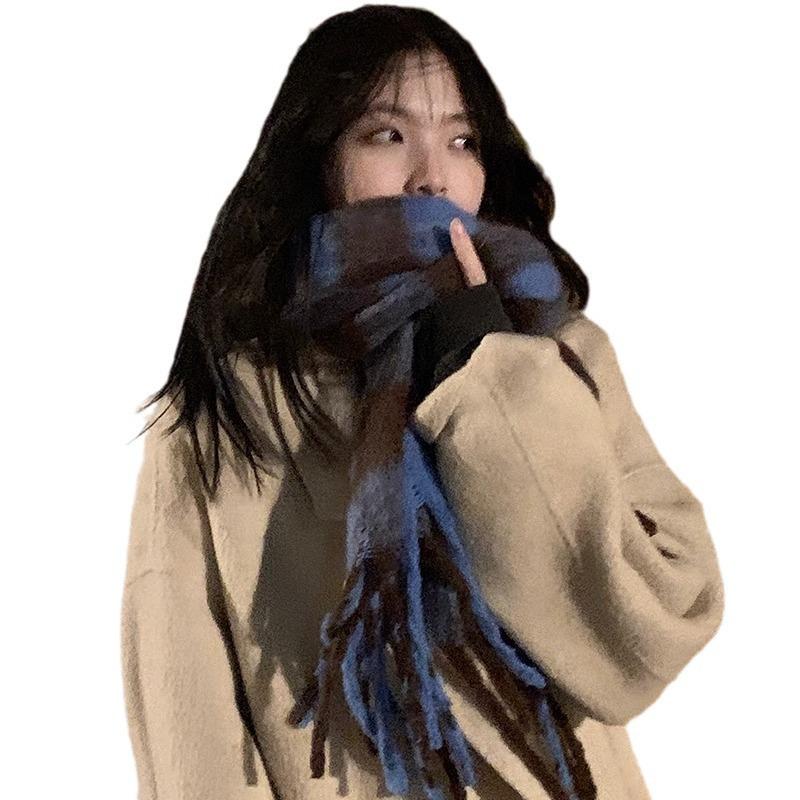 Yu Shuxin girls winter shawl advanced sense of warmth thickened scarf versatile blue plaid scarf