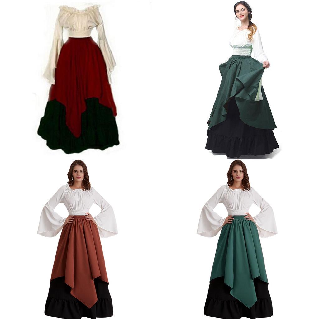 Europäisches Mittelalterliches Damen Halloween Cosplay Kleid Renaissance-Zeit Kostüm Zweiteiliges Set Blau Rot Grün Braun