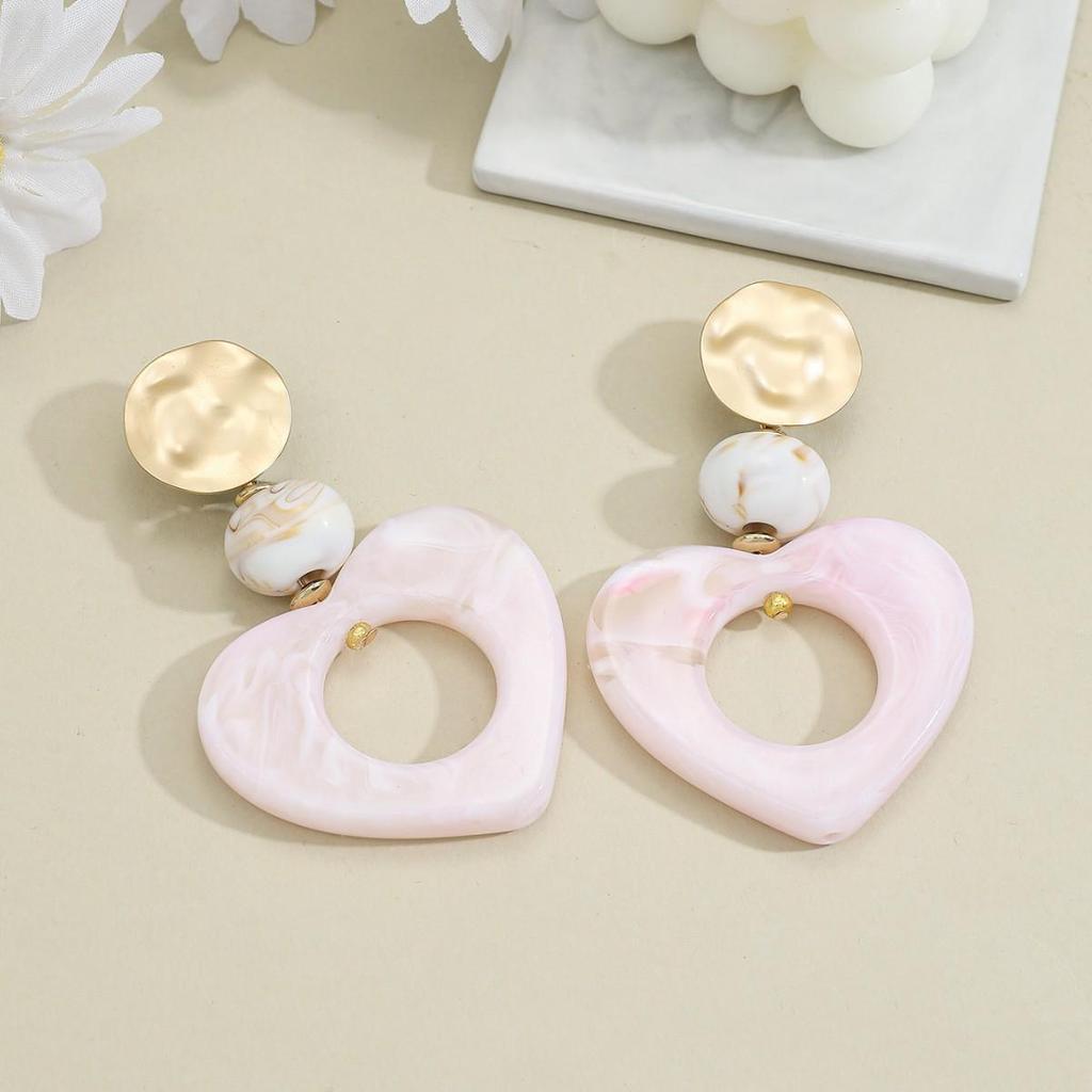 Pink Heart Marbled Stud Earrings - European American Exaggerated Style, Fashion Niche High-Grade Ear Accessories for Women.