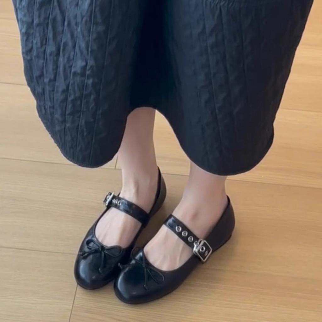 Sheepskin version~ leather flat-bottomed bow light mouth ballet single shoes women's 2025 new French retro Mary Jane shoes