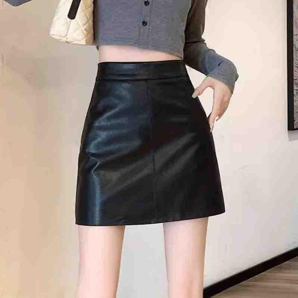 Solid Color PU Leather Skirt with Safety Pants High Waist A-line Skirt Short Mini Skirts  Girls