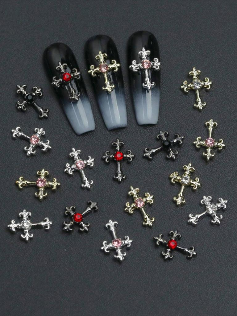 60pcsY2K Gold, Silver And Black Cross Nail Decoration Set With Rhinestones Black, White, Pink, Red Rhinestones Alloy Nail Art