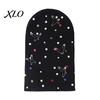 Soft Yarn Warm Cap Colorful Rhinestone Knitted Hat, Faux Pearl Safety Pin Punk Knit Stylish Music Festival Hat Bling Winter Hip Hop for Women
