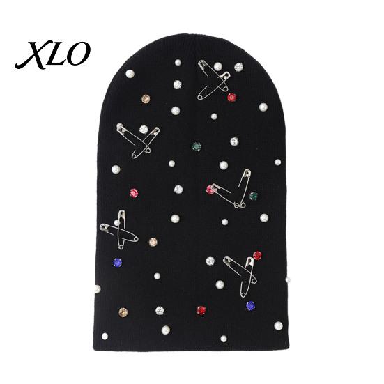 Soft Yarn Warm Cap Colorful Rhinestone Knitted Hat, Faux Pearl Safety Pin Punk Knit Stylish Music Festival Hat Bling Winter Hip Hop for Women