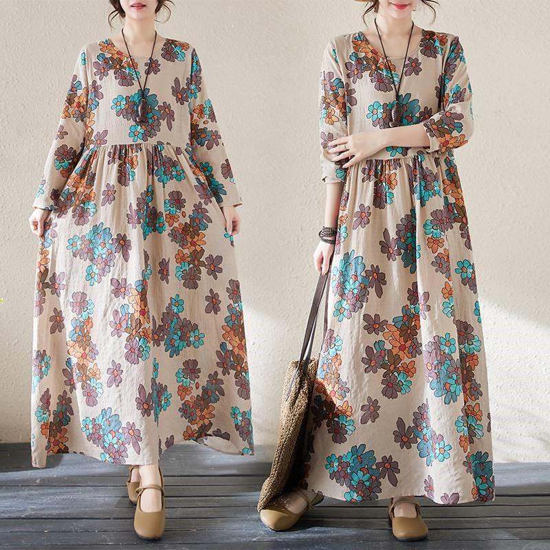 Johnature Niche O-Neck Vintage Dress Woman Spring Fashion Personality Print Long Sleeves Loose Dress