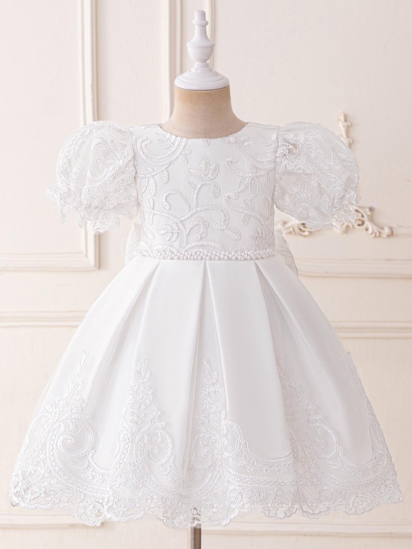 2026 Girls Formal Lace Embroidery Mid-Length Satin Princess Dress 110cm белый
