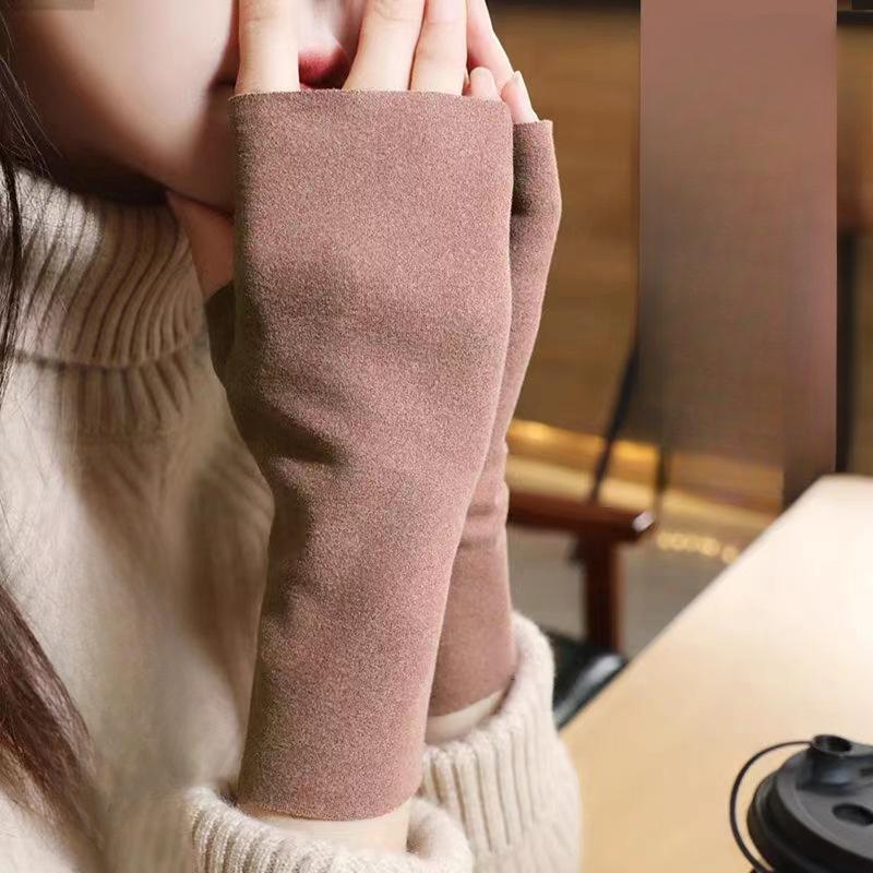 German Velvet Half Finger Touch Screen Plus Velvet Gloves Autumn and Winter Warm Gloves for Women's Warm Wrist Protection Finger Revet Gloves