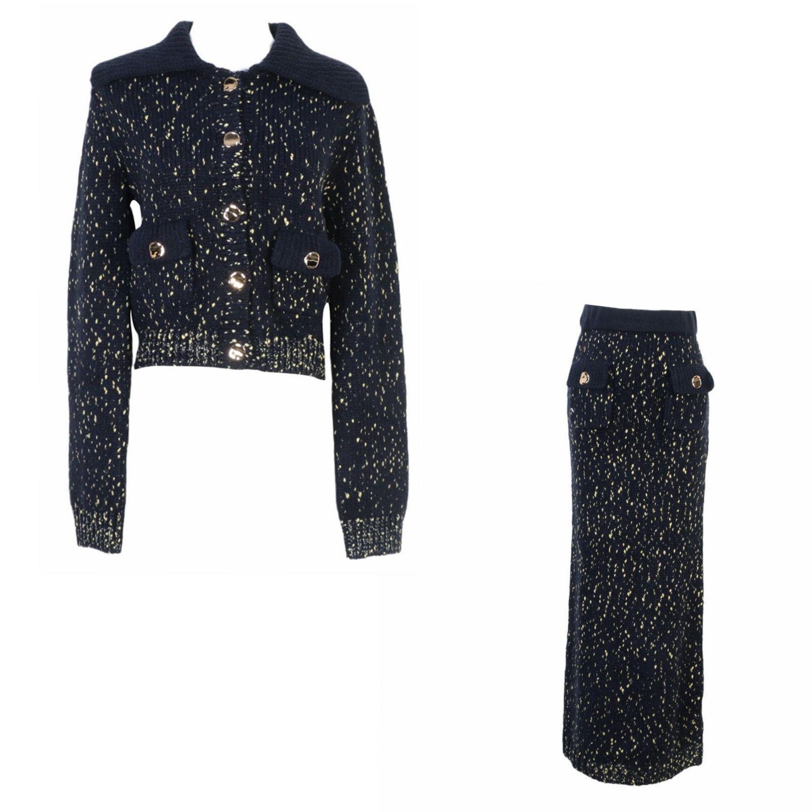 

Women s Autumn/Winter Mixed Color Sweater Coat & Midi Skirt Set - Chic Turn-Down Collar M