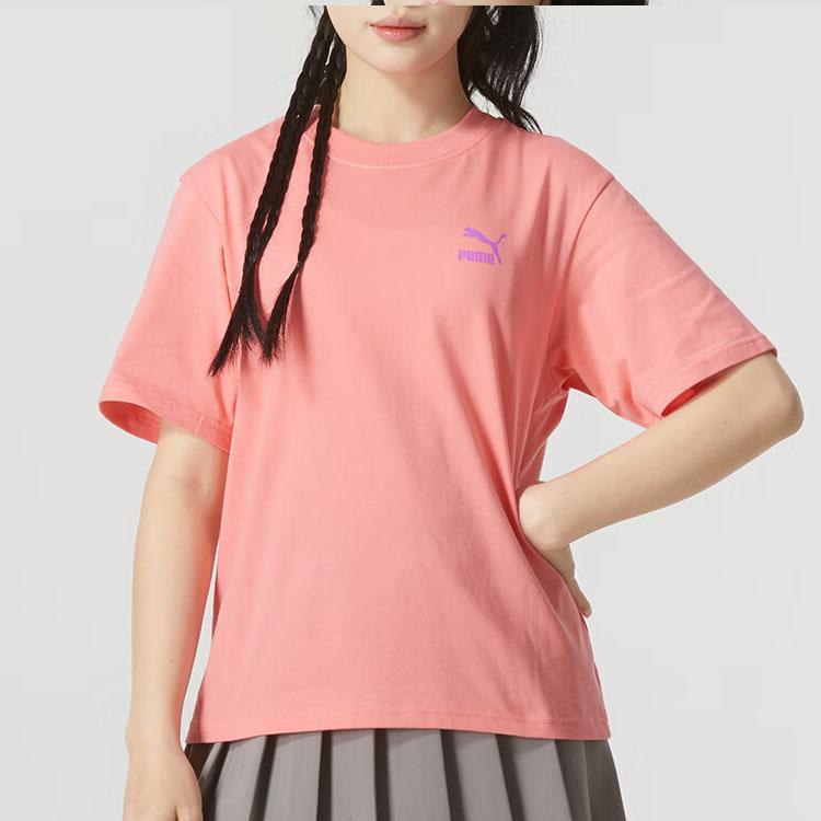 Puma Logo Print Ribbed Round Neck Comfortable Sports Short Sleeve Drop Shoulder T-Shirt Women T-Shirt Peach 682345-26