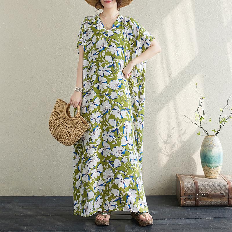 DIMANAF 2024 Plus Size Dress Women Summer V-Neck Sundress Bohemian Floral Print Loose Big Oversize Maxi Dress 717
