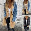 Mid Length Lady Overcoat Women Spring Fall Coat Denim Jacket Double Breasted Colorblock Patchwork with Flap Pockets