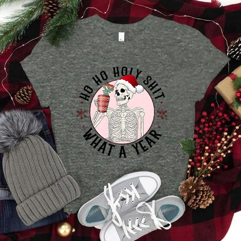 Ho Ho Ho Weihnachtsshirt mit kurzen Ärmeln für Damen Weihnachtsmannmütze Totenkopf Street Style Kleidung Damen Trendiges Neujahrsshirt