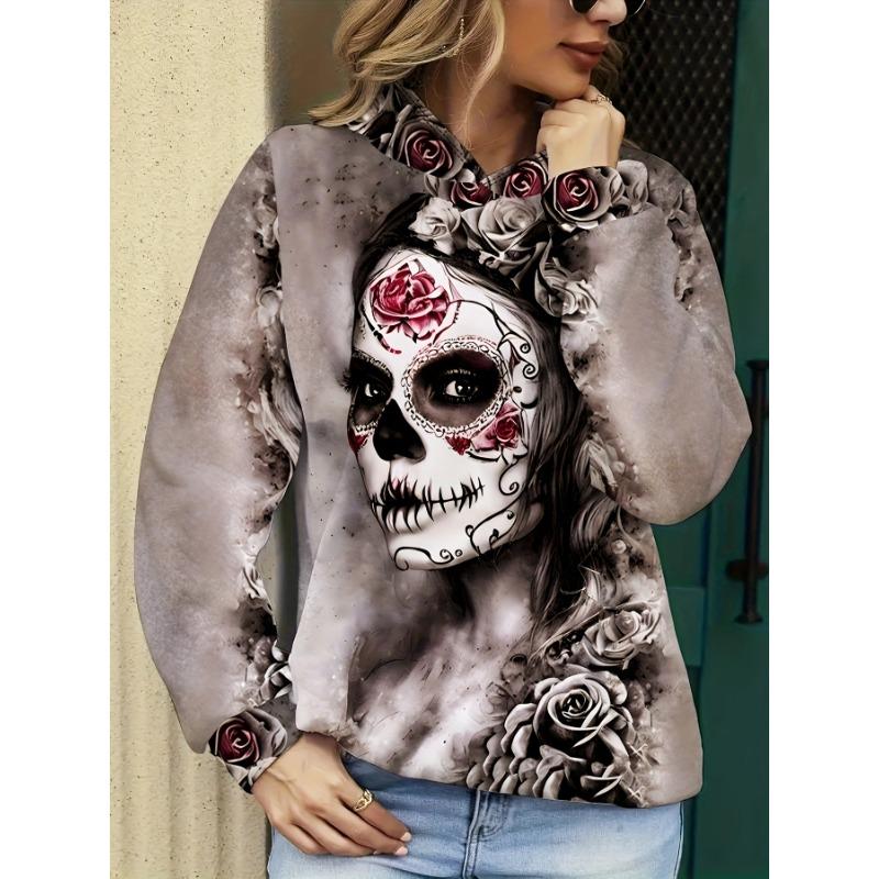 2025 Women s Tops Autumn and Winter Hoodies Women s Loose Mexican Day of the Dead Print 3d Print Fashion Casual Pullover Hoodie S 1709₽