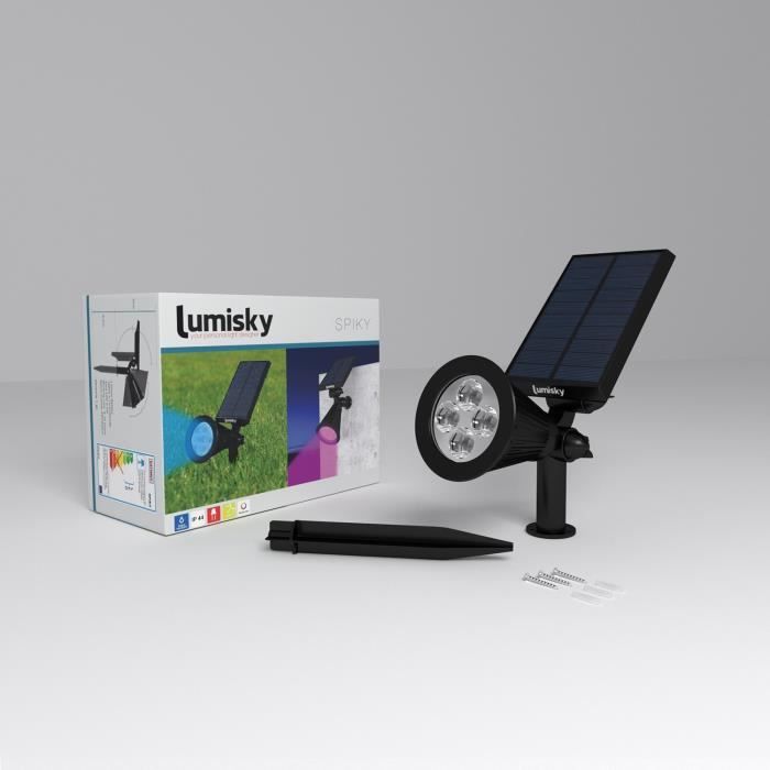 Pack de 2 Spots solaires extérieur étanches - LUMISKY - 4 LEDs colorées RGB - 200 Lumens - Tête pivotante à 90°C
