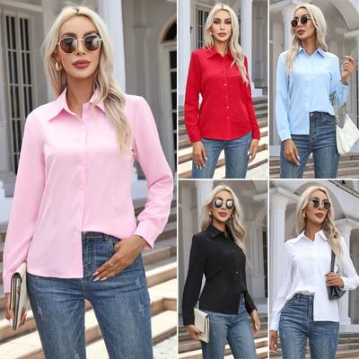 Women's Pink French-Style Long Sleeve Shirts Versatile Single-Breasted Office Wear Blouse Ladies Casual Turndown Collar Shirt