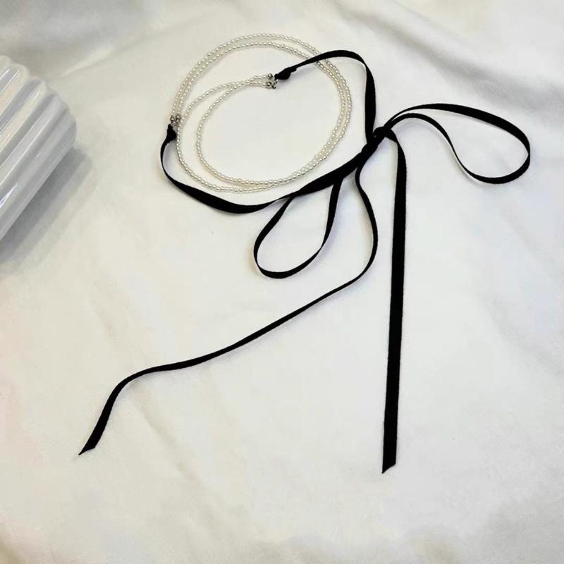 Chic Ribbon Necklace Pendant Necklace Double Layer Necklace Modern Beads Necklace Fashion Neck Jewelry for Fashion Look