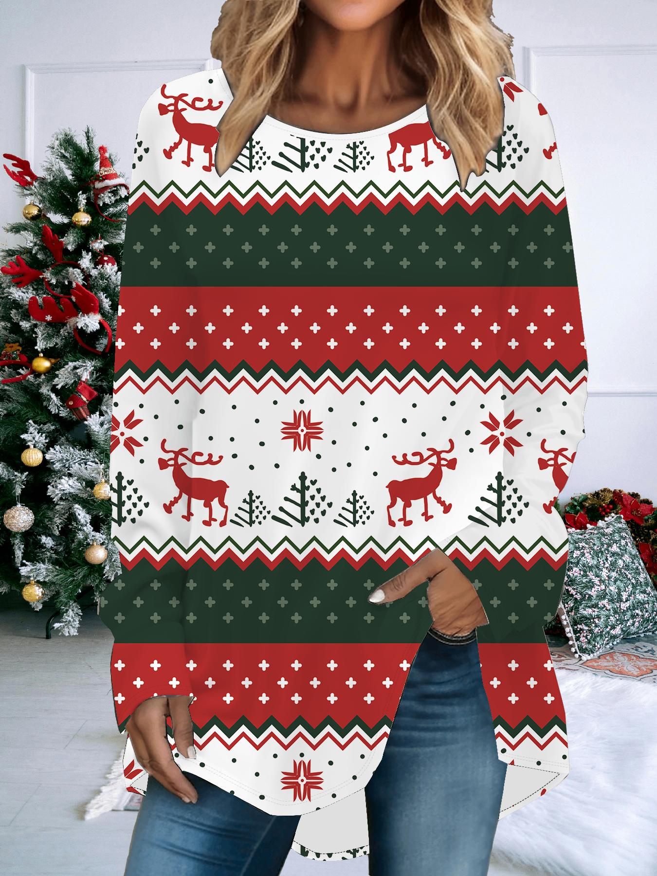 

Жіноча футболка великого розміру з принтом на весну/різдво, зручна, з довгим рукавом, круглим вирізом, повсякденна, мішкувата, середньої довжини, топи 8XL зелений