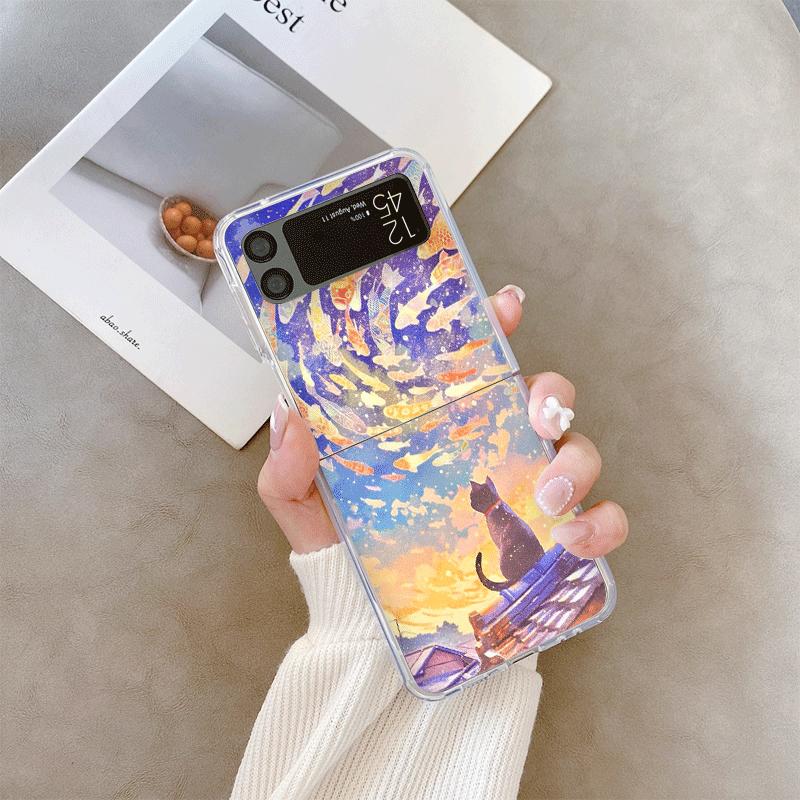 Oil Painting Black Cat Starry Sky Phone Case for Samsung Galaxy Z Flip 7 Flip 6 5 4 3 5G Folding Cover for Z Flip7 Flip5 Fundas