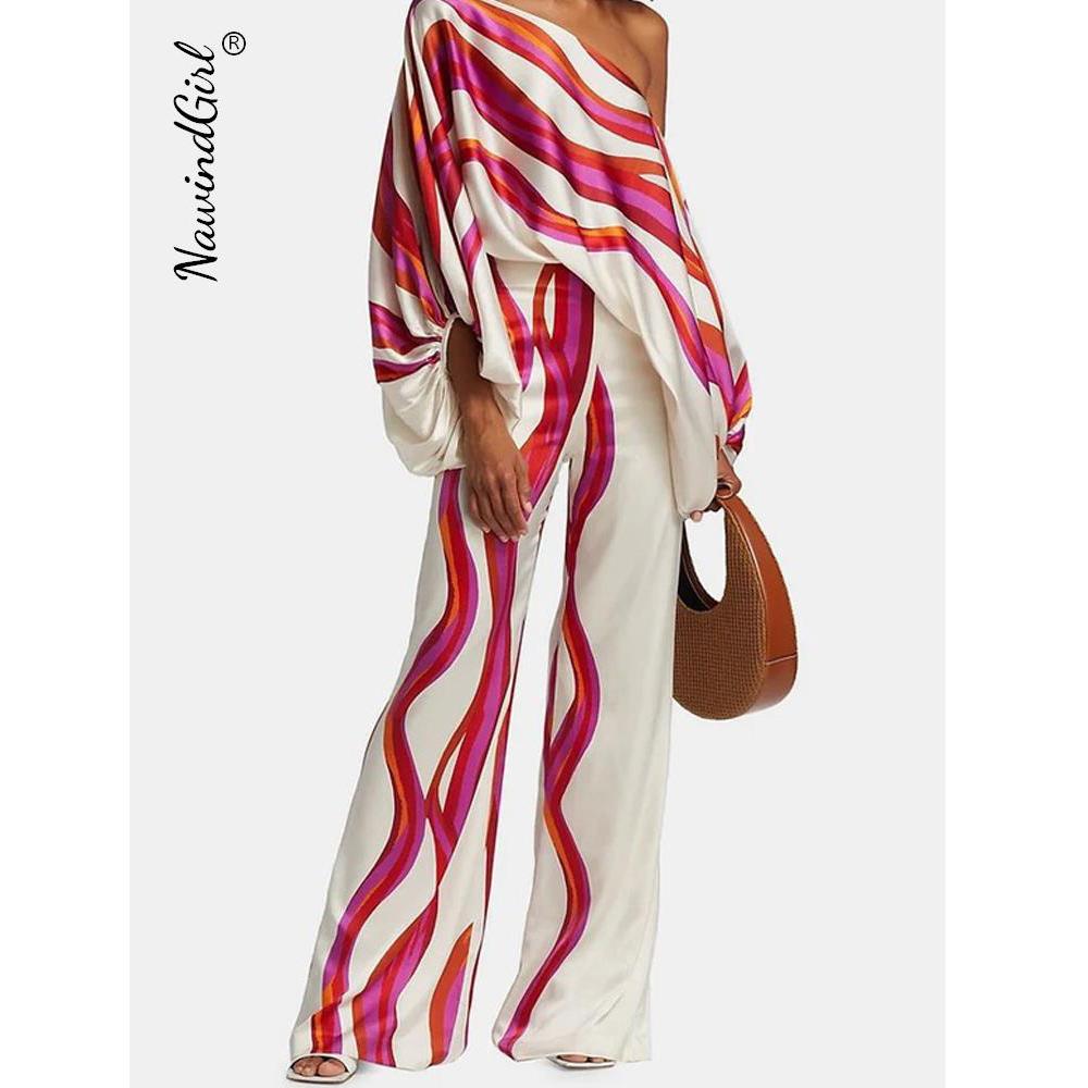 

Принт Сатин С плеча Женщины 2 шт Комплекты Повседневная свободная пышная оболочка Рукав Топ Длинные брюки Женский весенний коммутирующий женский наряд