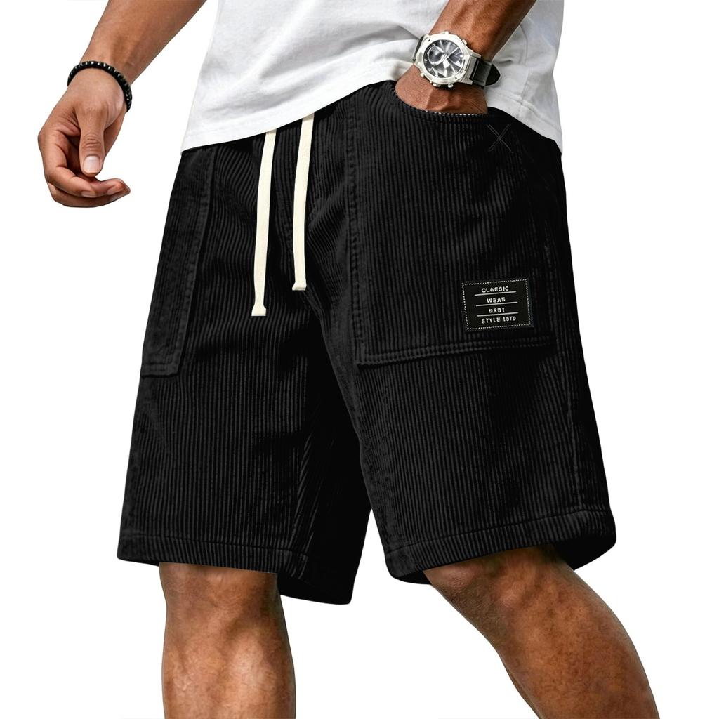 Men's Casual Corduroy Drawstring Shorts with Front Patch Pockets and Elastic Waistband Suitable for Everyday Wear and Outdoor Activities