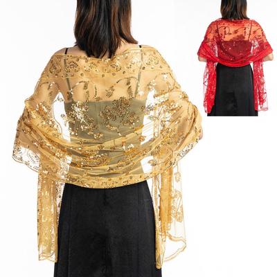 Elegante xale de lantejoulas feminino casamento cheongsam floral bordado acessórios noiva dama de honra festa de alta qualidade lenço renda
