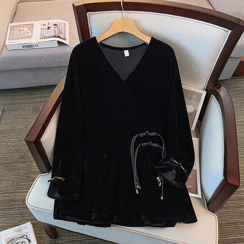 

Velvet Long Sleeve Frog Button Top for Plus Size – Slimming Chinese Style 9XL (260-300 Jin) чорний