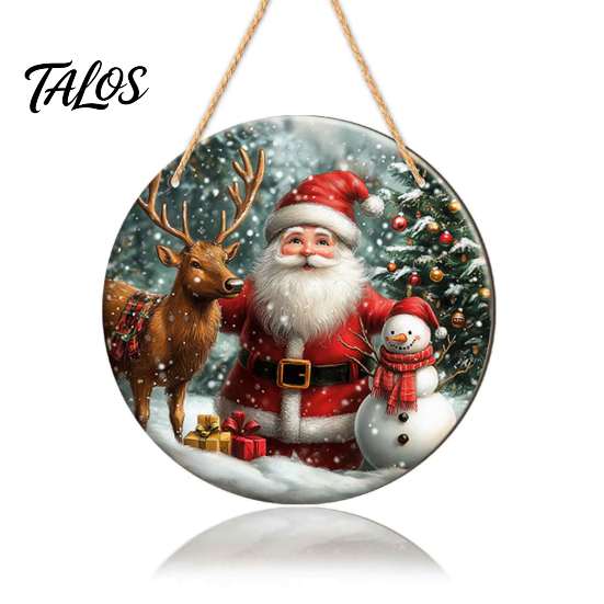 Rustic Christmas Wall Decor Wooden Round Hanging Sign, Santa Claus Highland Cow Winter Theme Farmhouse Holiday Art Door Decor, Welcome Ornament
