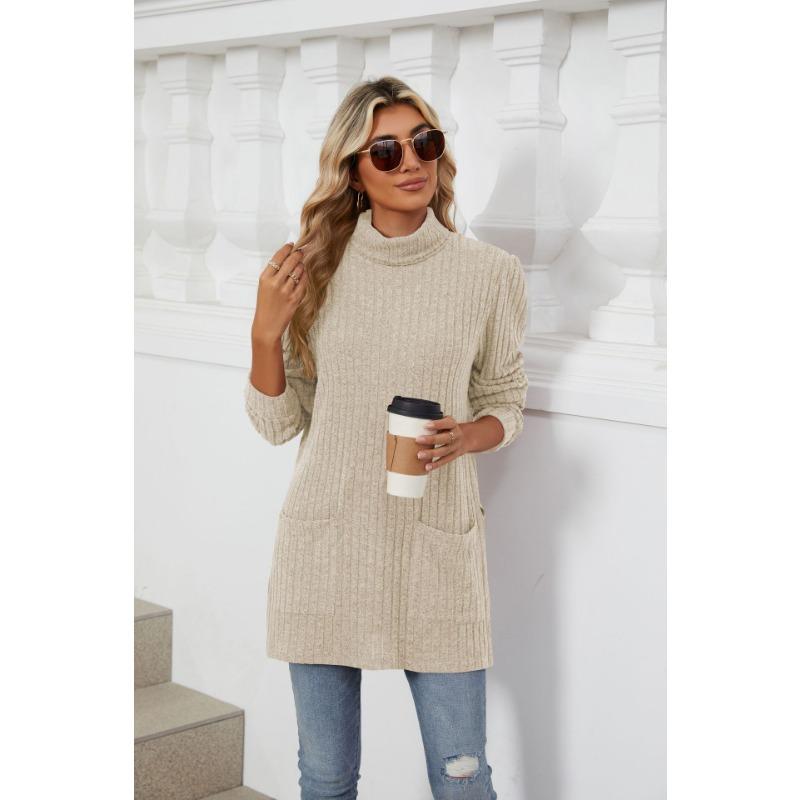 Herbst Damen Bluse Halb Stehkragen Langarm Lose Split Pocket Top