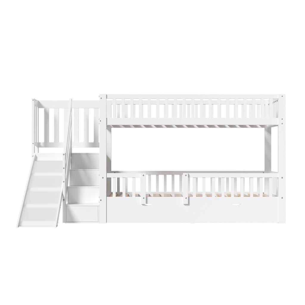 Children's bunk bed, with slide and stairs, with 2 drawers, with magnetic door, without mattress, solid wood, white, 90*200(OLD SKU:322135678AAW-1)