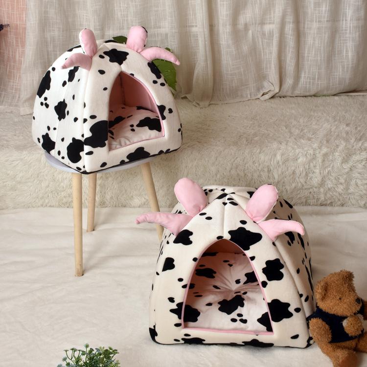 Pet Tent Cave Bed for Cats Small Dogs Self-Warming Cow print Cat Tent Bed Cat Hut Comfortable Pet Sleeping Bed