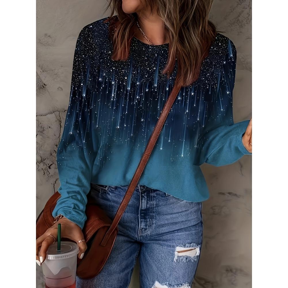 

Весенне-осенний топ с круглым вырезом и 3D-принтом «Звездное небо», модные повседневные женские футболки с длинным рукавом 5XL