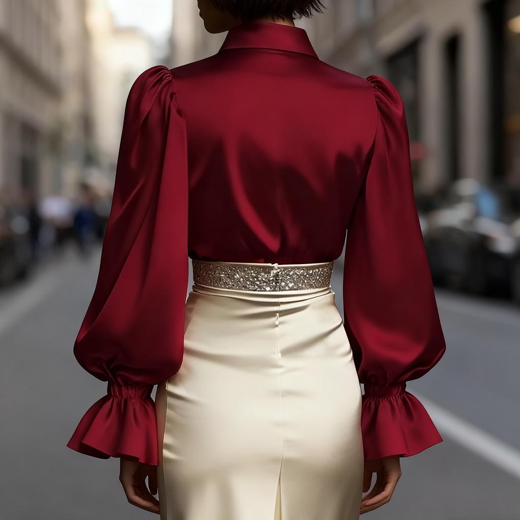Women's Fashion Solid Color Collar Button Long Sleeve Shirt Top