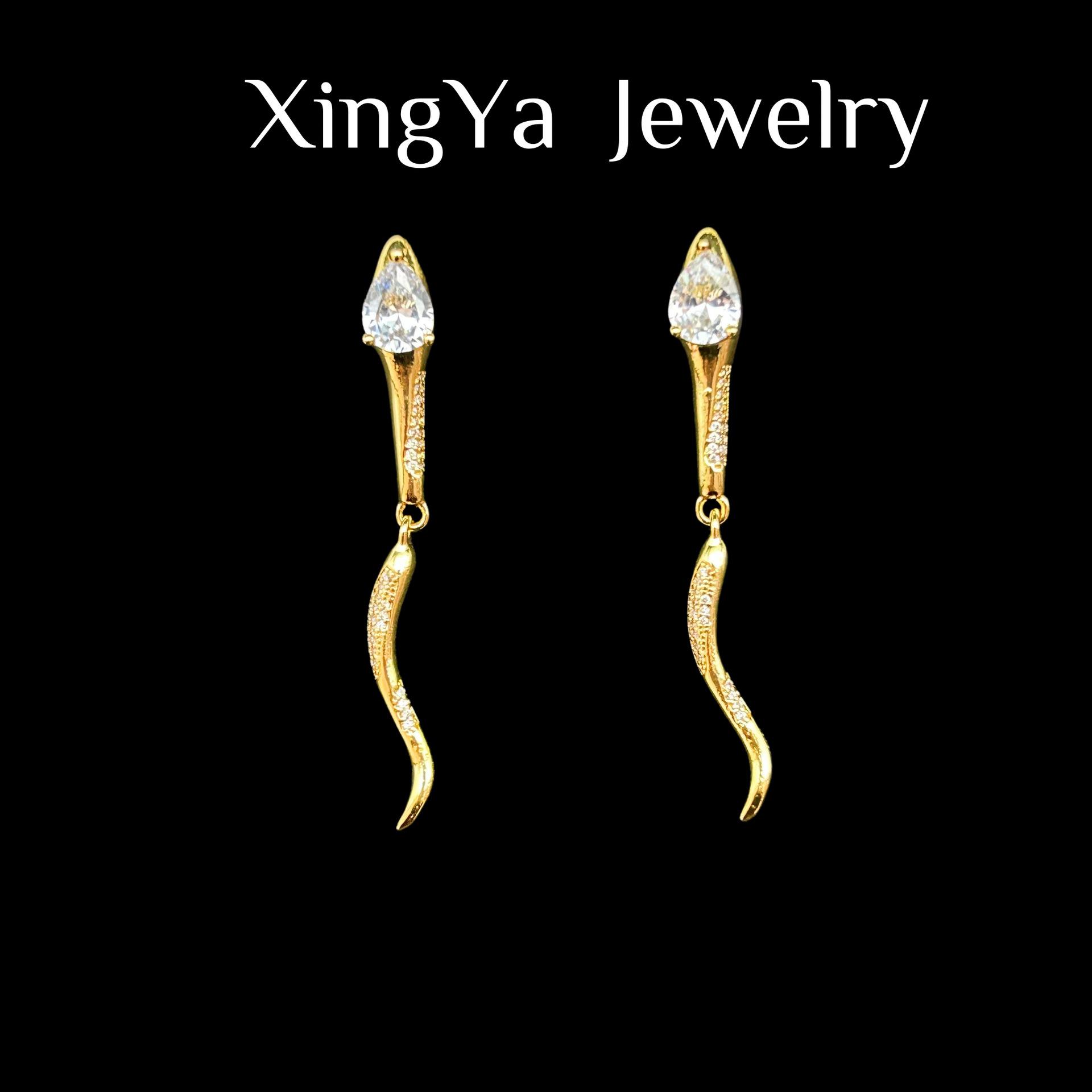 Copper Plated Genuine Gold With Zirconium Inlay Niche Design Sense Fashionable Versatile Agile Snake Earrings