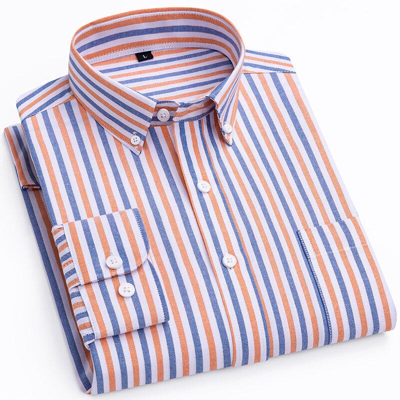 Spring Autumn Men's Business Casual Shirts Fashion Striped Long Sleeve Square Collar Oxford Textile Shirt Male Tops Plus Size