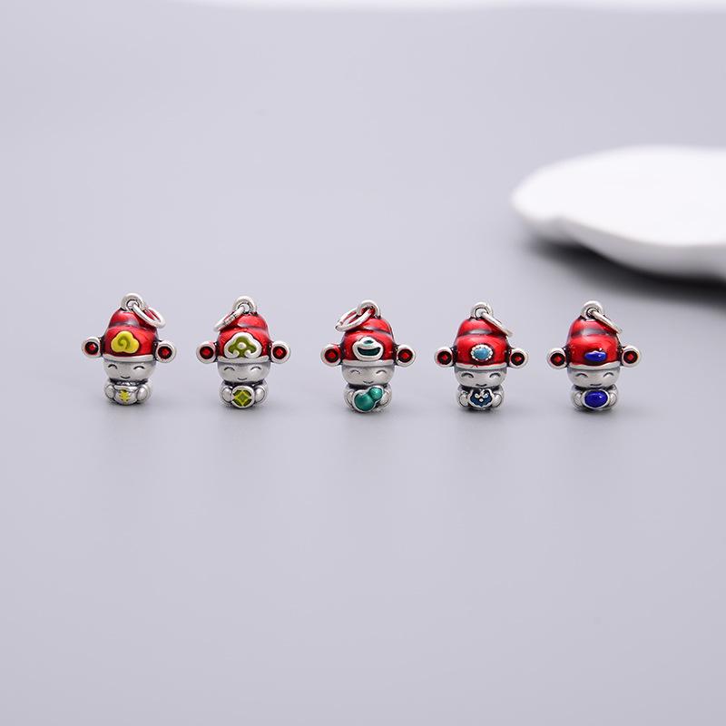 S999 Sterling Silver Five Blessings Pendant with 3D Epoxy and Braided Rope for DIY Jewelry