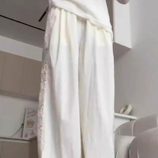 Korean Textured Cream Lace Openwork Pants - Women's Spring/Summer 2025 Petite Patchwork Casuals