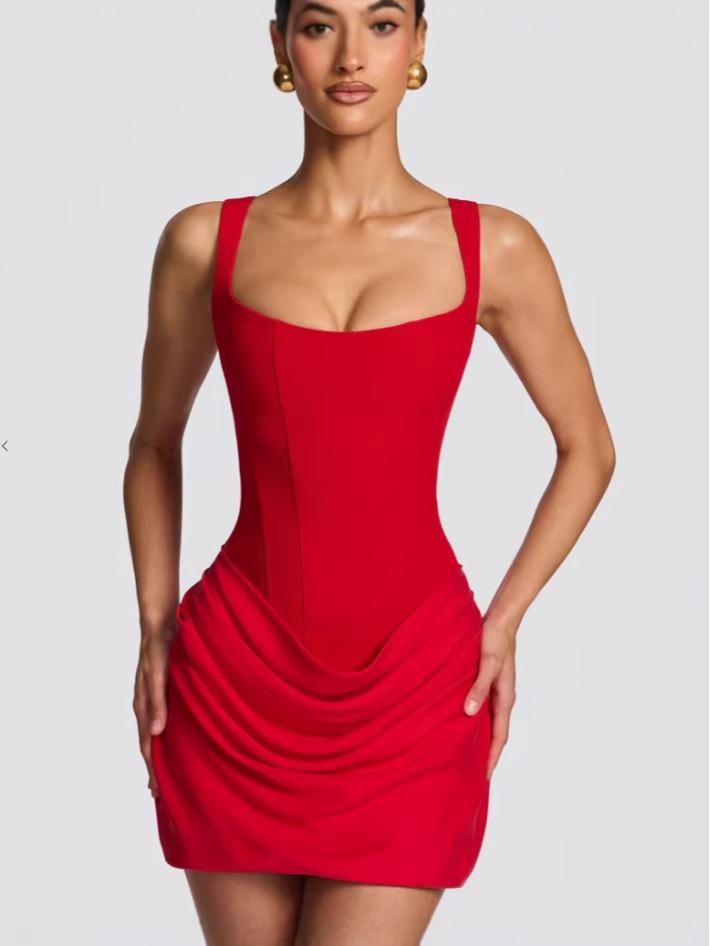 2026 Women's French Style Bodycon Square Neck Sleeveless Dress with Lace-up Waist