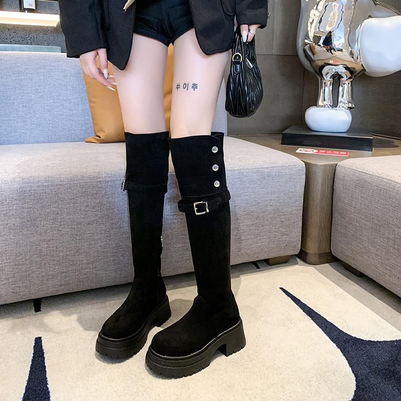Thick-soled high-heeled knight boots for women's 2025 autumn and winter new velvet high-heeled knee boots, two wear lamb wool boots