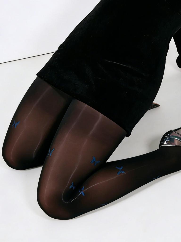 1 Pc Women'S Black Shiny Blue Butterfly Print Horse Oil Pantyhose, Valentine'S Day Gift, Horse Oil Moisturizing Design, Suitab