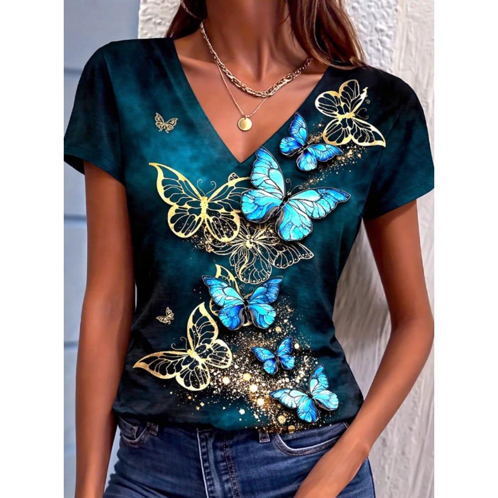 Women Summer T Shirt  Dancing Butterflies Print Short Sleeve Tees Casual Printed Tops XS синий