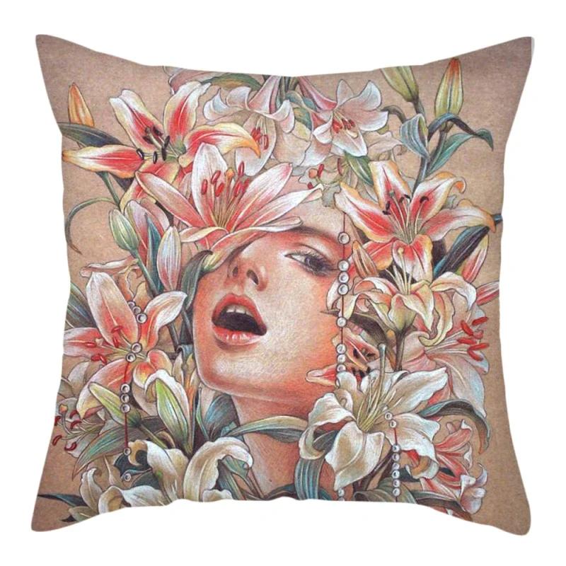 Abstract Flower Girl Painting Picture Cushion Cover Polyester Pillows Cover For Home Sofa Decorative Throw Pillowcase 45X45Cm