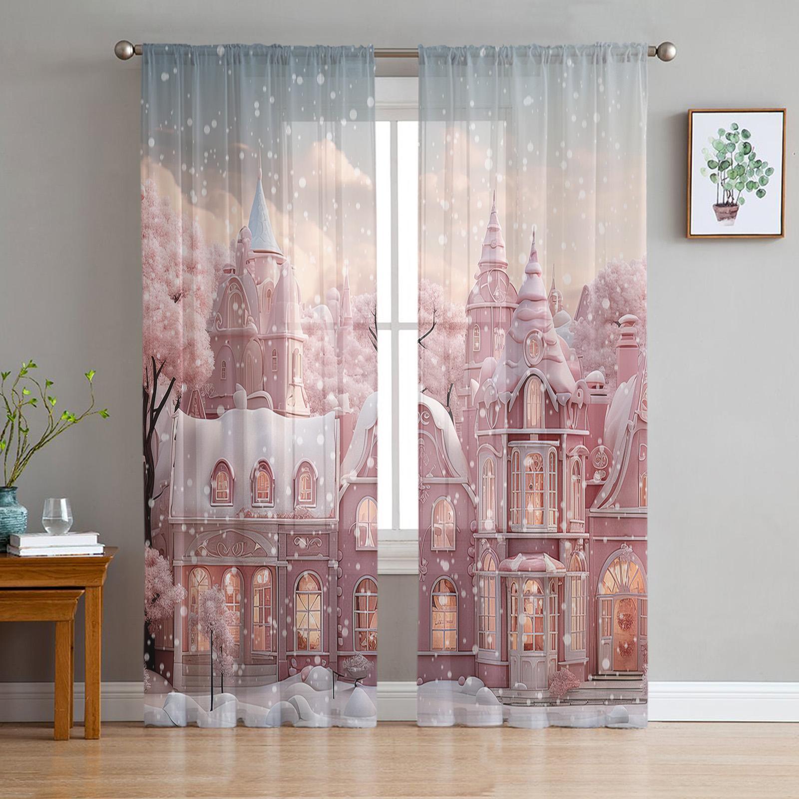 

Xmas Snowflake Blush Pink Yarn Curtain Window Panel Fine Netting Curtains For Living Room Cooking Area Transparent Window Panel Treatments Voile W135 x H115cm x1&Grommet Top