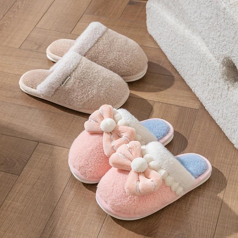 Fashion Casual Fluffy Slippers Women House Flats Fashion Winter Bowknot Designer Shoes Girls Home Plush Platform Elegant Footwear Warm