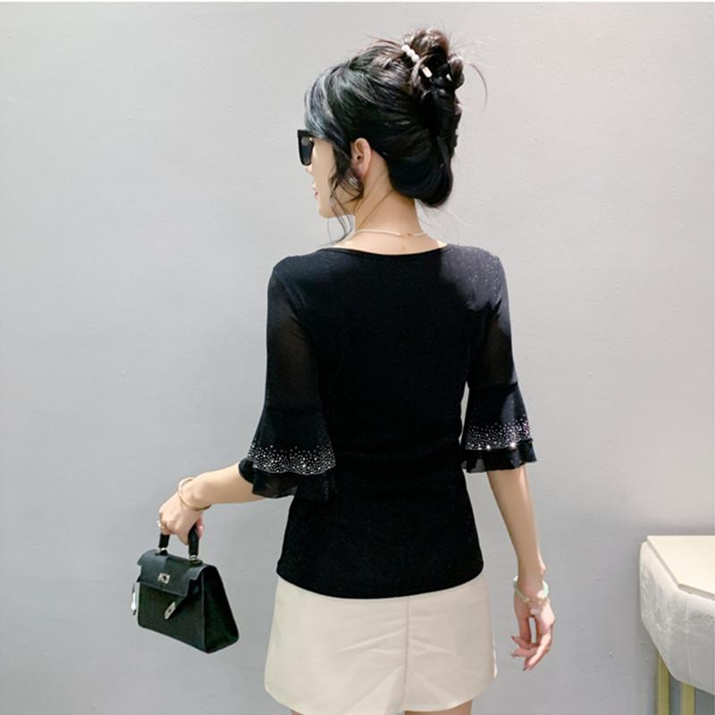 Summer New Women's Flare Sleeve T-shirt O-Neck Luxury Diamonds Tops High Quality Girl Shiny Mesh Tees
