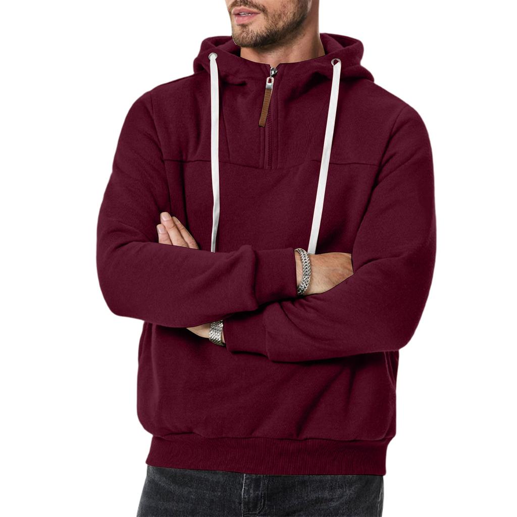Men's Casual Hooded Sweatshirt Loose Fit Pullover Half Zip Patchwork Design Long Sleeve Pullover for Autumn Winter