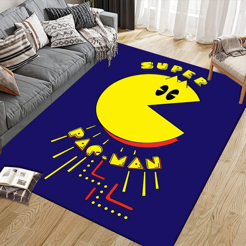 Pac‑Man Cartoon Flannel Printed Carpet, Home Sofa Decoration for Living Room & Bedroom, Non‑Slip Play Flannel Floor Mat for Game Room