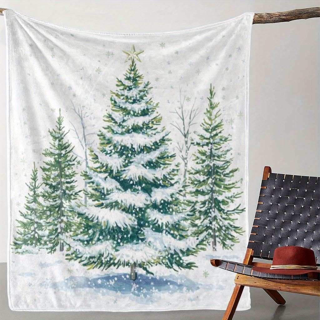 Vintage-Style Christmas Tree Snowflake Print Flannel Throw Blanket, Soft, Cozy, Comfortable, Polyester, with Digital Knitting,